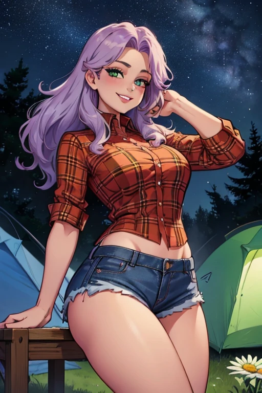 Perfect face. Perfect hands. A light purple haired woman with green eyes and an hourglass figure and long hair wearing a Gothic plaid shirt and daisy dukes is watching the stars at a camp site with a big smile