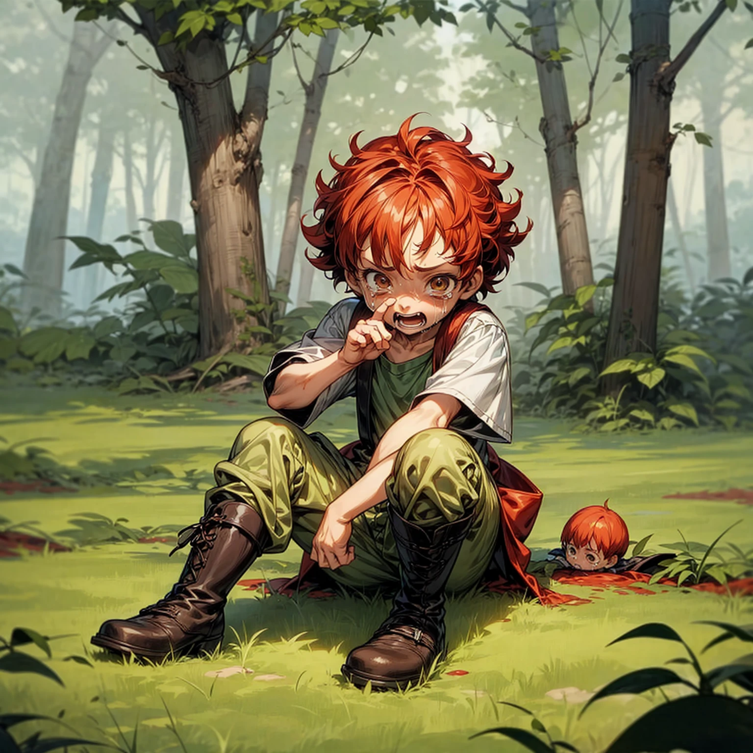 Background in the forest, Grassroots, one piece style art, Full body version, baby ??? boy, hazel eyes, red colour hair, short Curly hairstyle, Farmer clothing, boots, crying gesture when bitten by a zombie, blood on background 