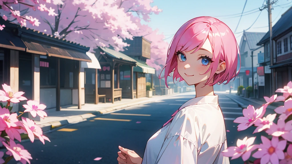 Pink hair shorthair、Blue Eyes、smile、Beautiful woman looking at the town　White dress　Turn around