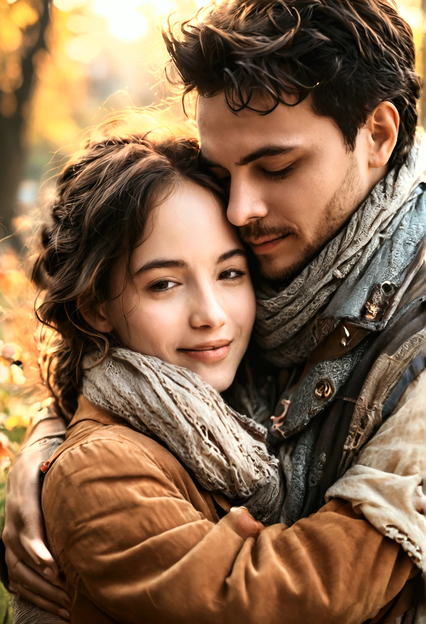 A beautiful couple of lovers hugging each other happily in a beautiful park