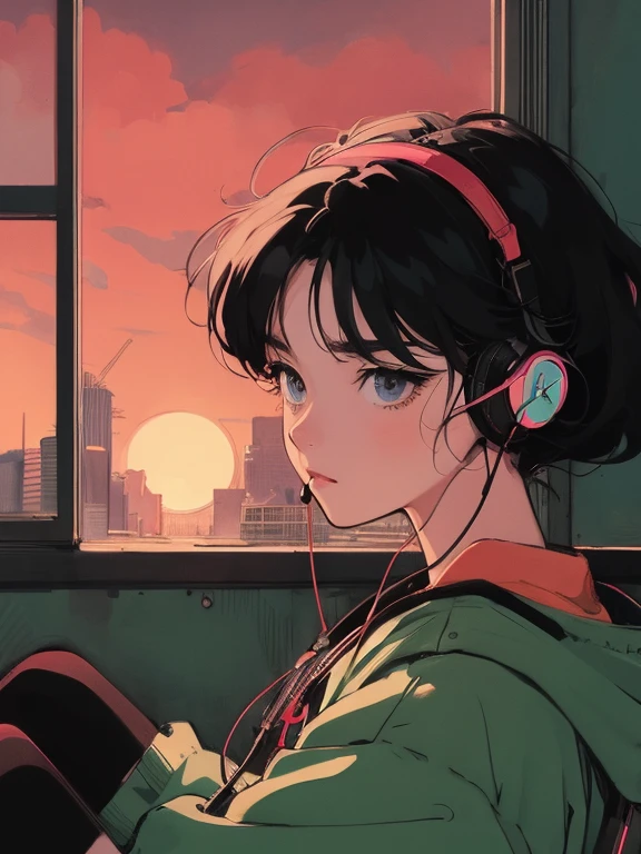 anime girl sitting on floor looking out window at city, anime aesthetic, anime vibes, Lofi Artstyle, Lo-fi portrait in a room, Watching the sunset. anime, Lofty Girl, anime art wallpaper 4 k, anime art wallpaper 4k, anime art wallpaper 8 k, anime background art, Lofi Color, Lofi Art, anime asthetic 音楽を聴いている using headphones