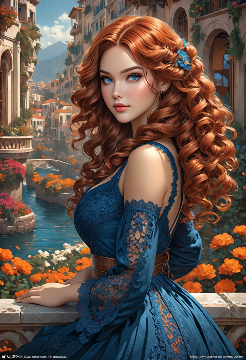 Beautiful boho women with Navy-blue-dress. blue lace. copper colored hair that is coarse, wiry, and tightly curled. It often has a rough texture, feels stiff to the touch, and may be prone to frizz and tangling. The curls can be densely packed. The Official Art – An Award-Winning Digital Masterpiece In 4K Ultra HD, Extreme Detail And Intricate Realism. This Concept Art Brought To Life By The Hands Of Artists Like Wlop & Artgerm In A Stunning 2D Vector Illustration. Paige Renee Spiranac. Laige Renee Spiranac. LArge, perky, full, well shaped pleasing breasts. Background is a panoramic vista.
