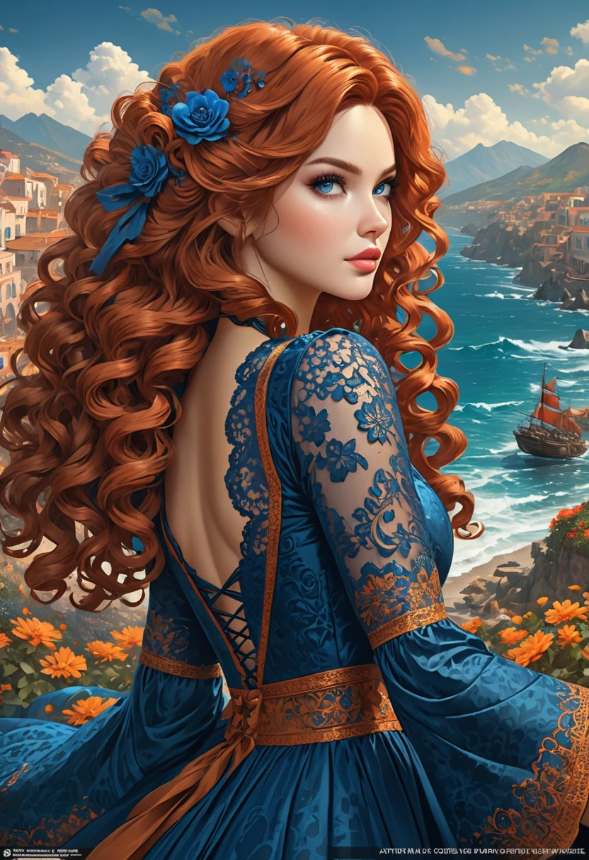 
Beautiful boho women with Navy-blue-dress. blue lace. copper colored hair that is coarse, wiry, and tightly curled. It often has a rough texture, feels stiff to the touch, and may be prone to frizz and tangling. The curls can be densely packed. The Official Art – An Award-Winning Digital Masterpiece In 4K Ultra HD, Extreme Detail And Intricate Realism. This Concept Art Brought To Life By The Hands Of Artists Like Wlop & Artgerm In A Stunning 2D Vector Illustration. Paige Renee Spiranac. Laige Renee Spiranac. LArge, perky, full, well shaped pleasing breasts. Background is a panoramic vista.

