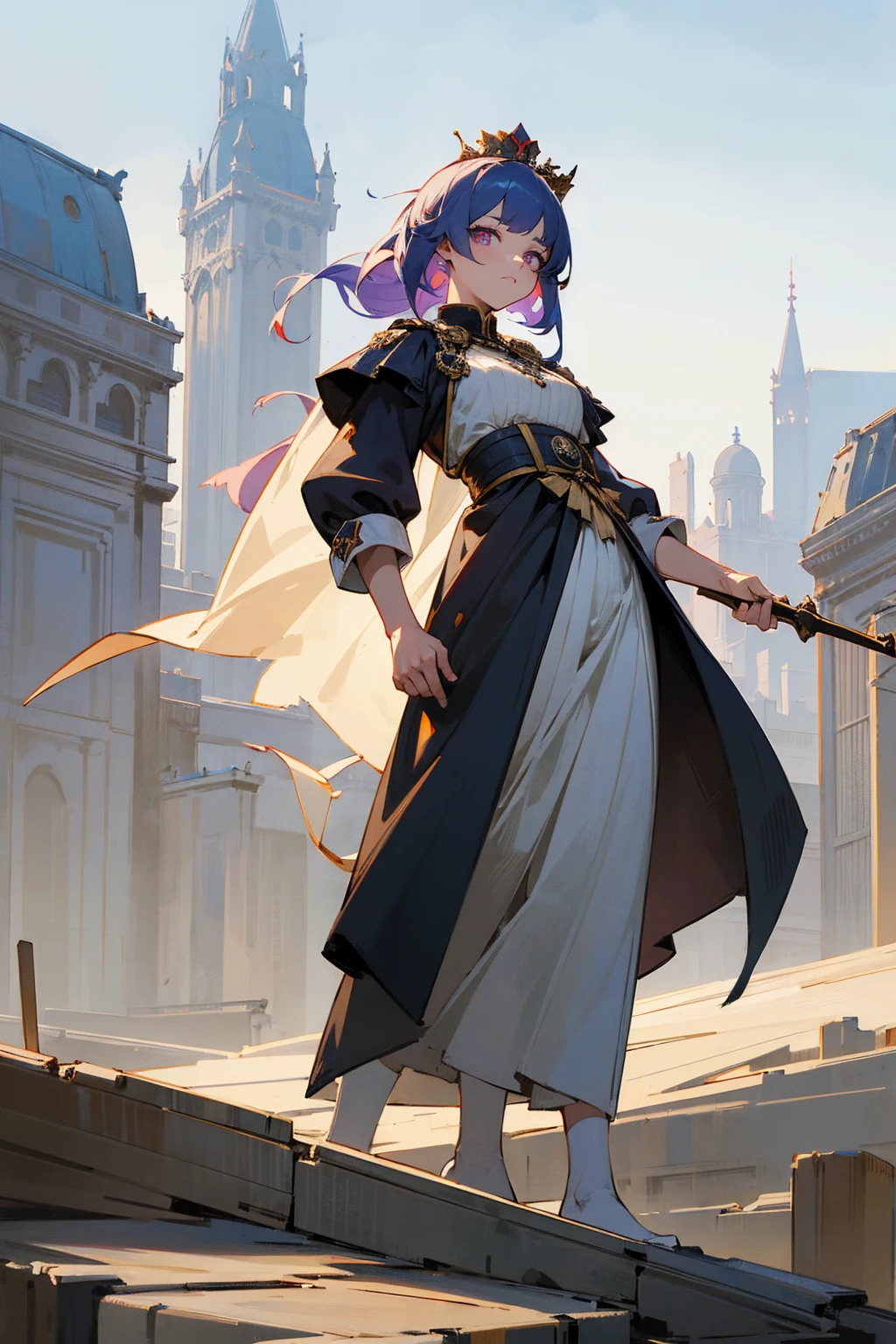 Masterpiece Quality, Perfect Generation, Sclera, Detailed Eyes, , Clothing, Calm Expression, , Building Background, Full Body, facing viewer, Standing , , ,, , combat clothing, , random color hair, random style, Random Eyes, Muscular, , , female, , strong, confident, king , crown, palace, royalty,