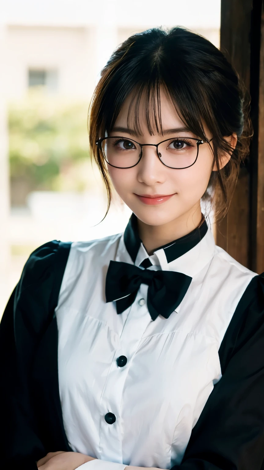(Highest quality,masterpiece:1.3,Ultra-high resolution),(Very detailed,Caustics,8k),(Realistic:1.4,RAW shooting),A girl dressed as a butler,Japanese,boyish,smile,20-year-old,Short black hair,Glasses,Looking into the camera,Inside the Western-style building,Waist up shot,front,Face Focus,Face close-up,(Warm Light),Professional Writing