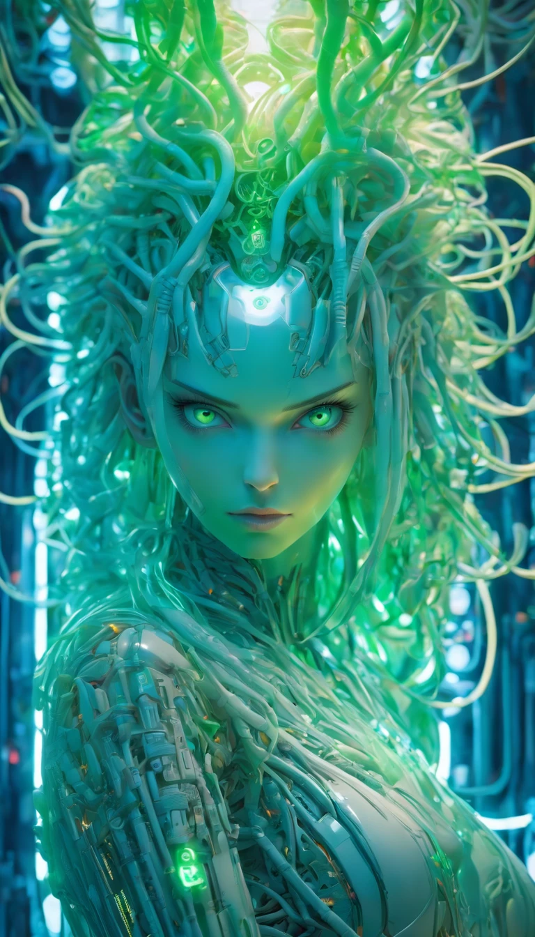 Porcelain Woman Android, ciborg, Robotic Parts, 150 mm,Whole body, beautiful soft light studio, rim light, vibrant details,lace, hyperrealistic, anatomical, electrical wires, microchip, elegant, Laboratory in the background, Octane rendering, h.R Giger Style, 8k,blue hair,Asymmetrical long hair,translucent body,green eyes, Miki Asai Macro Photography, Whole body, hyper detailed, trends on Artstation, sharp focus, studio photo, intricate details, Highly detailed, Lt. Greg Rutkowski