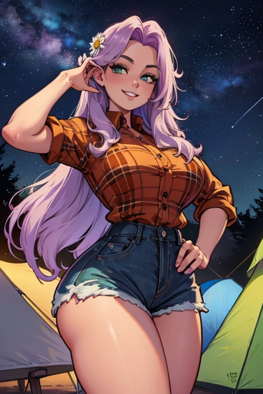 Perfect face. Perfect hands. A light purple haired woman with green eyes and an hourglass figure and long hair wearing a Gothic plaid shirt and daisy dukes is watching the stars at a camp site with a big smile
