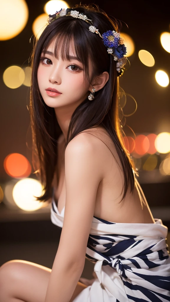 (Highest quality, 8k, masterpiece: 1.3),double eyelid Fine grain Highly detailed face and skin Beautiful legs Fireworks display yukata sexy