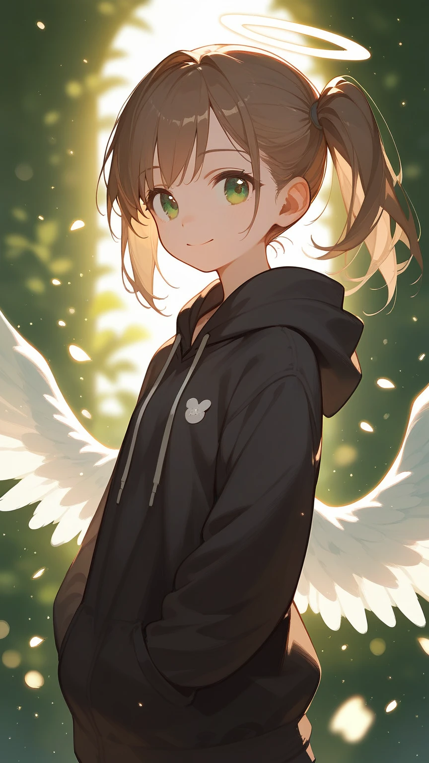 1Young girl,Beautiful light and shadow,Brown side ponytail,Green eyes,Hoodie,Round angel wings,cute,Sun background,Backlight,Light Particles,Smile