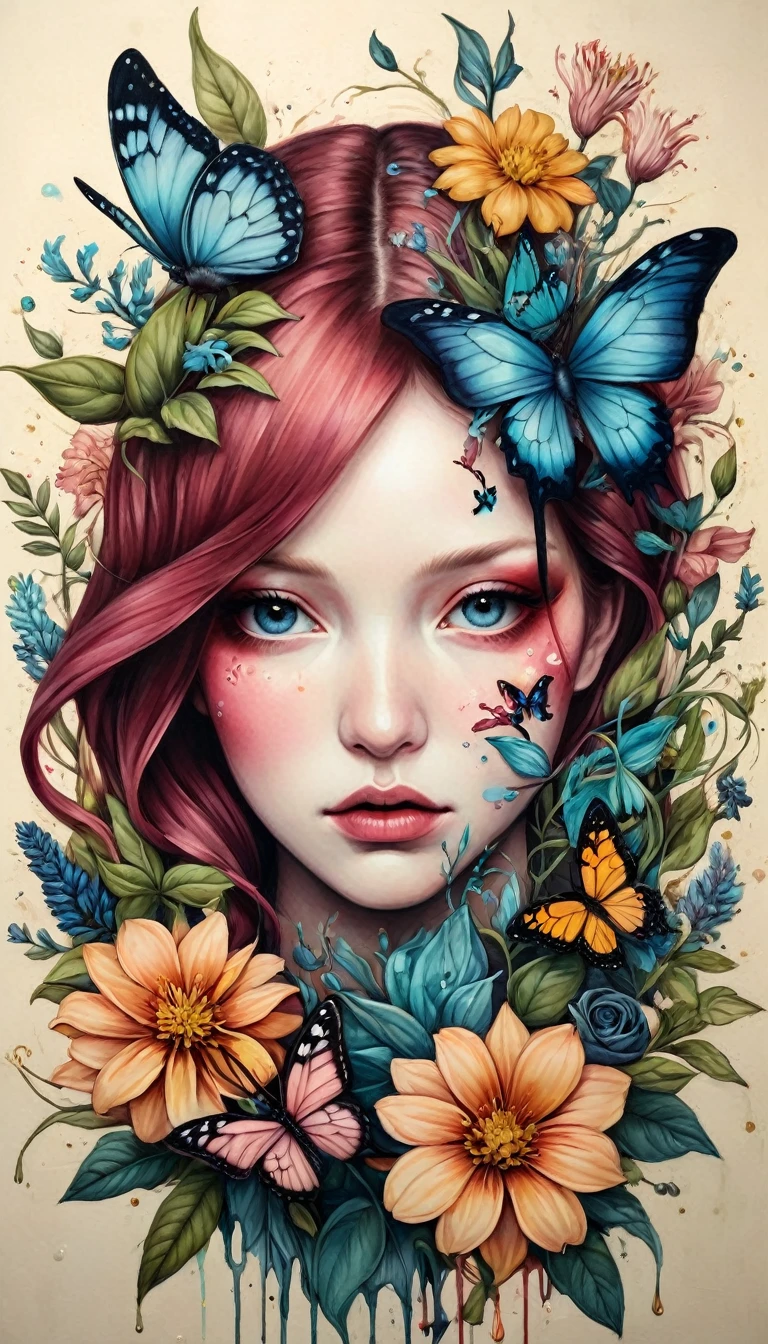Colored lead painting simple illustration:Inspired by Marco Mazzoni,An expression of pain and struggle,Bird on portrait、Butterfly、Plants and flowers。