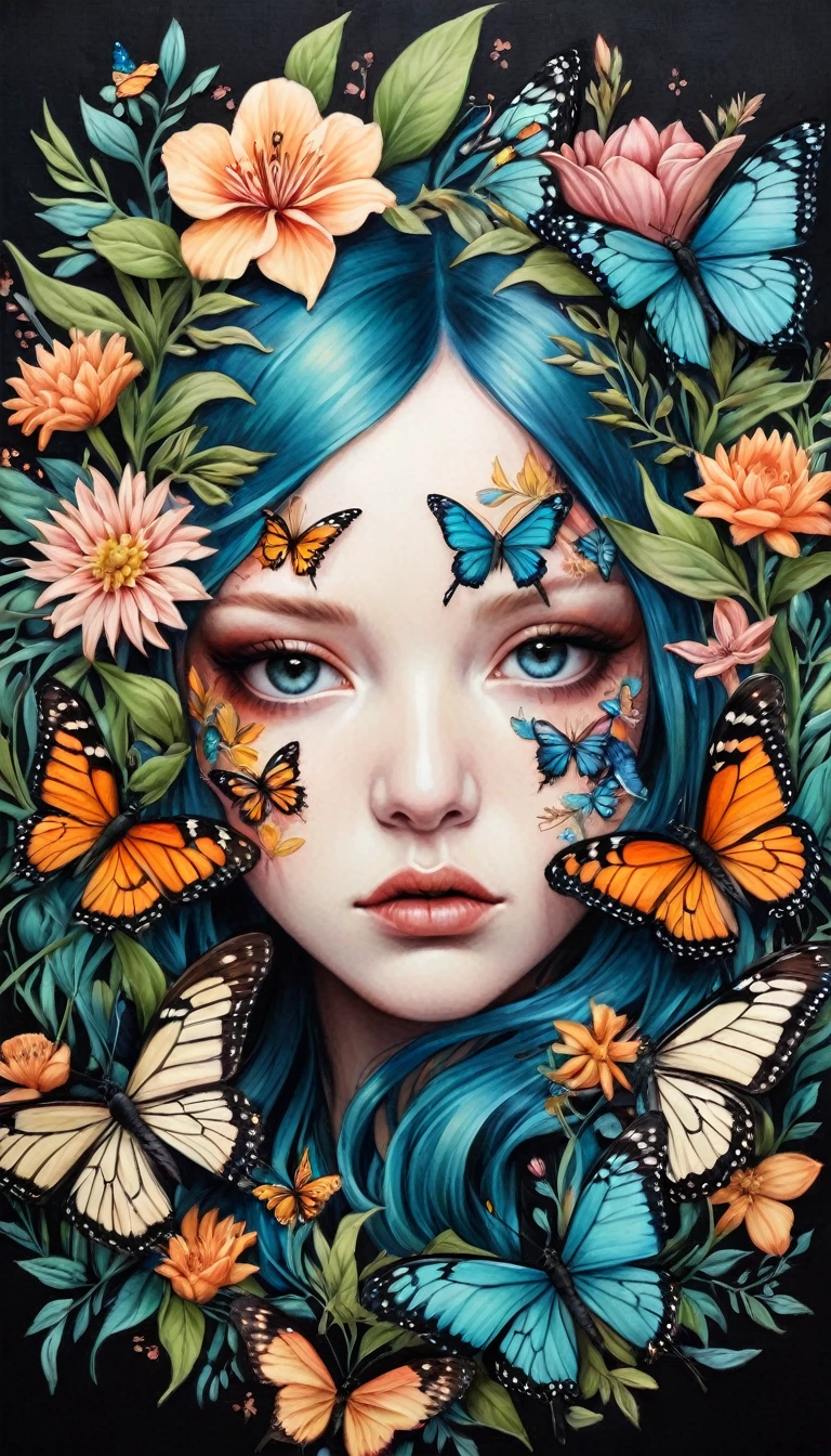 Colored lead painting simple illustration：Inspired by Marco Mazzoni,An expression of pain and struggle，Bird on portrait、Butterfly、Plants and flowers。