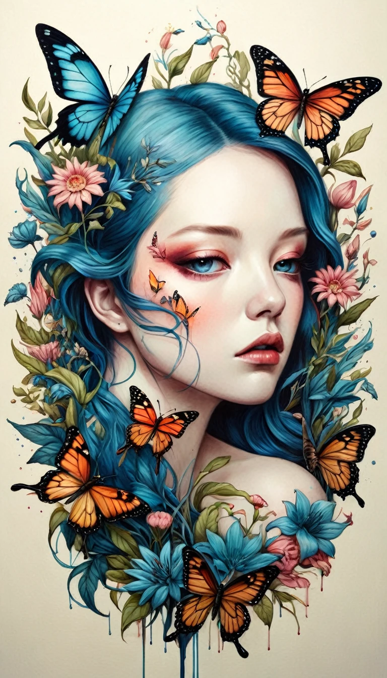 Colored lead painting simple illustration:Inspired by Marco Mazzoni,An expression of pain and struggle,Bird on portrait、Butterfly、Plants and flowers。