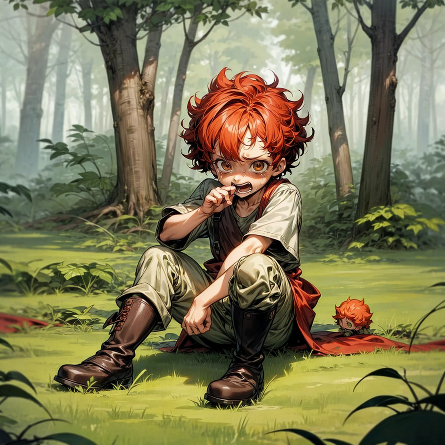 Background in the forest, Grassroots, one piece style art, Full body version, baby kid boy, hazel eyes, red colour hair, short Curly hairstyle, Farmer clothing, boots, crying gesture when bitten by a zombie, blood on background 