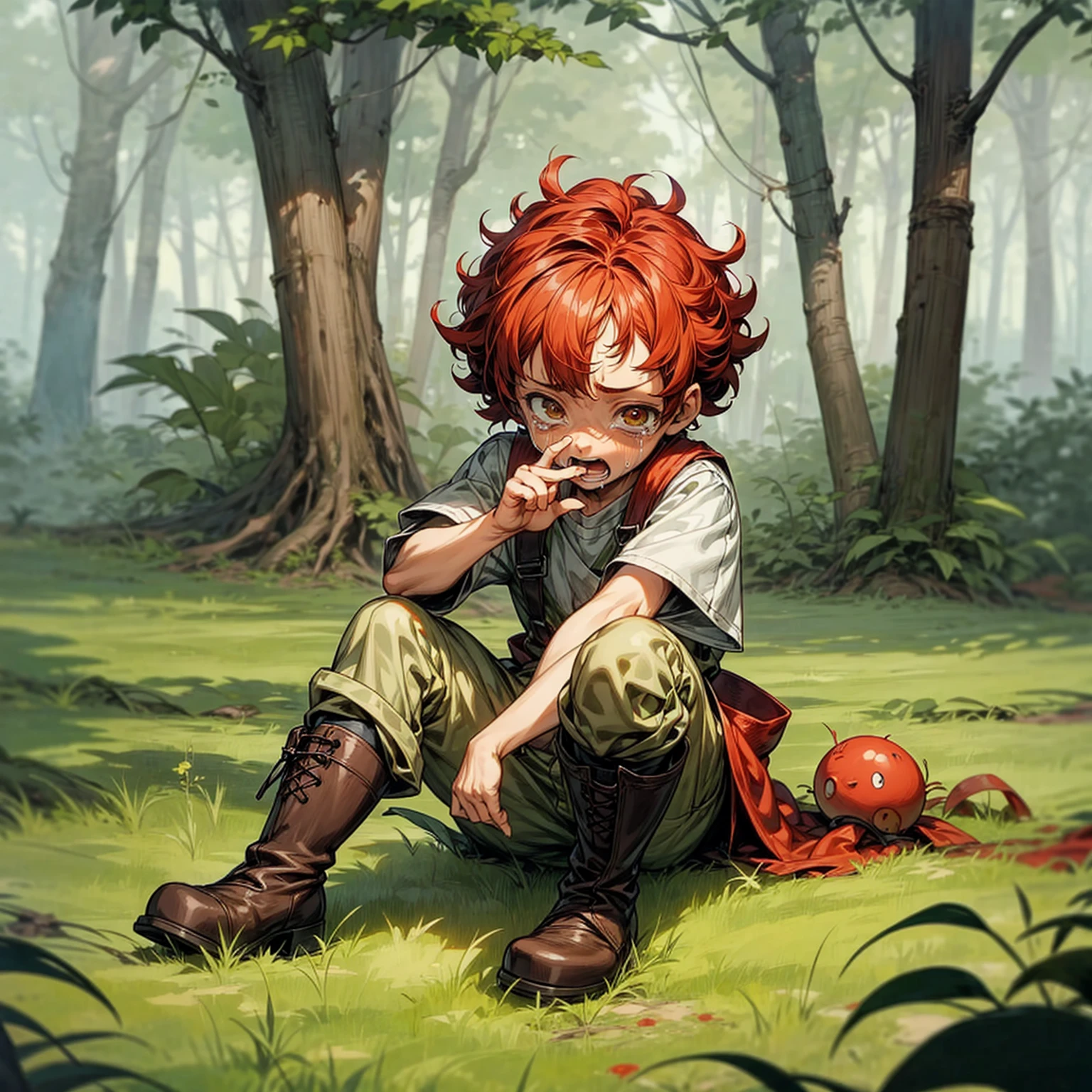 Background in the forest, Grassroots, one piece style art, Full body version, baby boy, hazel eyes, red colour hair, short Curly hairstyle, Farmer clothing, boots, crying gesture when bitten by a zombie, blood on background