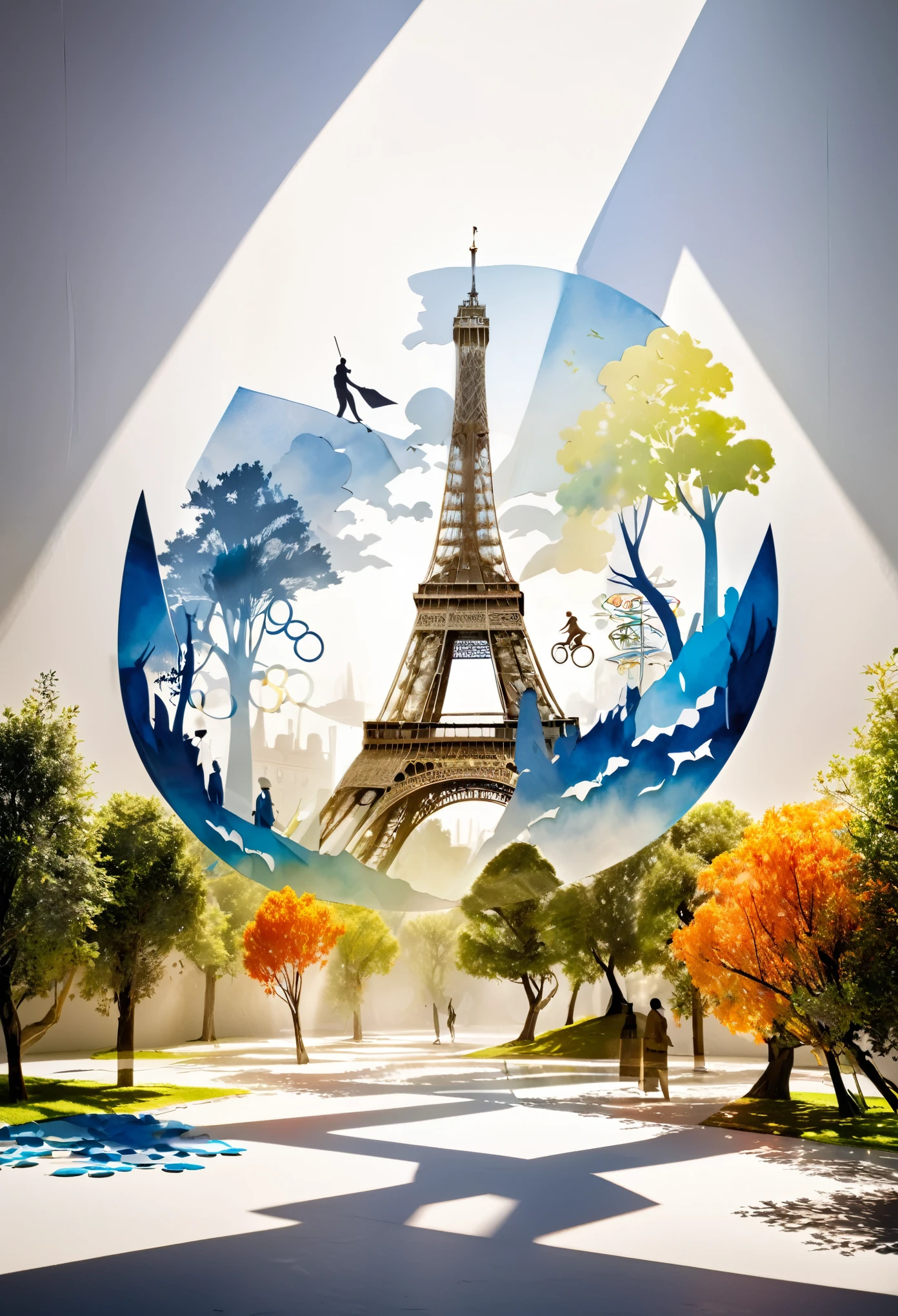 Olympic Games, elements of Paris, France, conceptual installation art, 2.5D, delicate and dynamic, fusion of watercolors and oil paintings, fusion of paper cutting and shadow puppetry, foggy filter effects, contrast magic effects