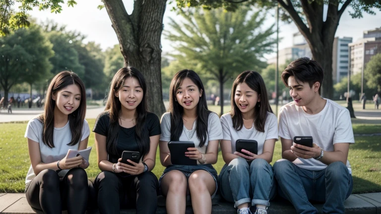 group of young people sitting in a park sending messages with their cell phones