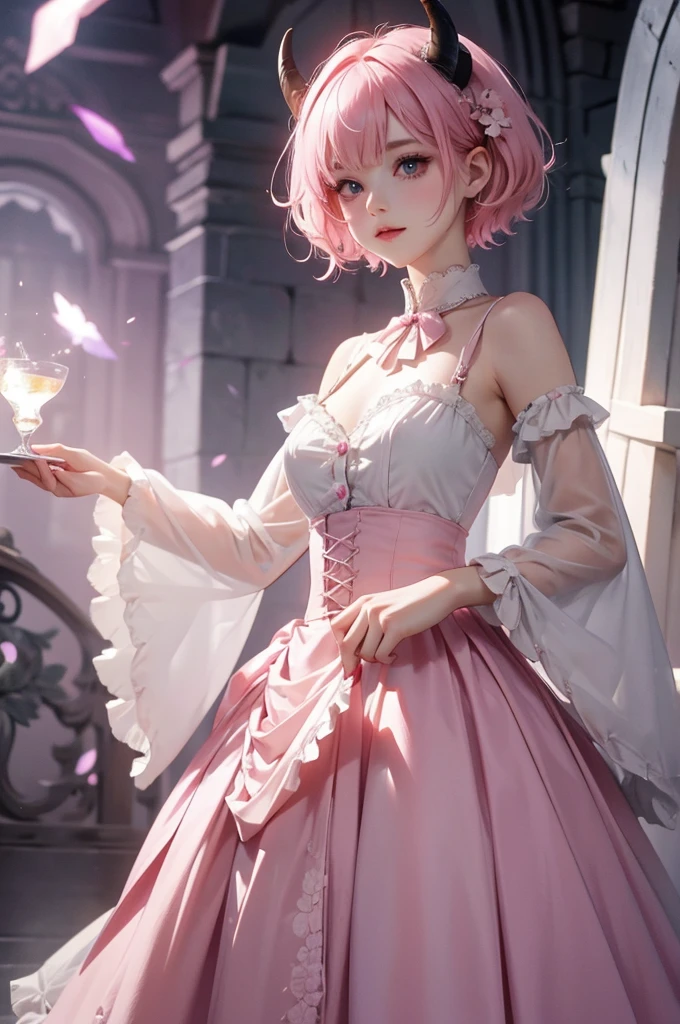 butler outfit, short pink hair, hypdertailed, purples eyes, ashen skin, demon, claws, short goat horns, bangss, gothic art, full body shot shot, elegant pose, ssmile, Romanticism, work of art, anatomically correcte, high qualiy, super detaill, best qualityer, 4K, 8k, Perfect Woman, the most beautiful woman, her face has to be symmetrical and beautiful, baby pink hair