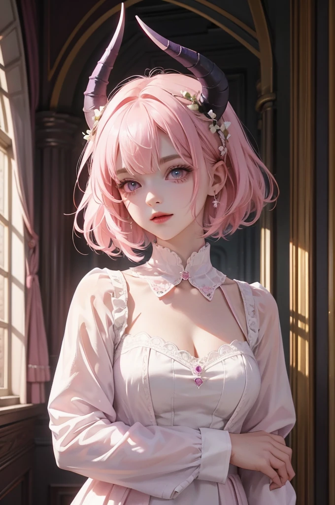 butler outfit, short pink hair, hypdertailed, purples eyes, ashen skin, demon, claws, short goat horns, bangss, gothic art, full body shot shot, elegant pose, ssmile, Romanticism, work of art, anatomically correcte, high qualiy, super detaill, best qualityer, 4K, 8k, Perfect Woman, the most beautiful woman, her face has to be symmetrical and beautiful, baby pink hair