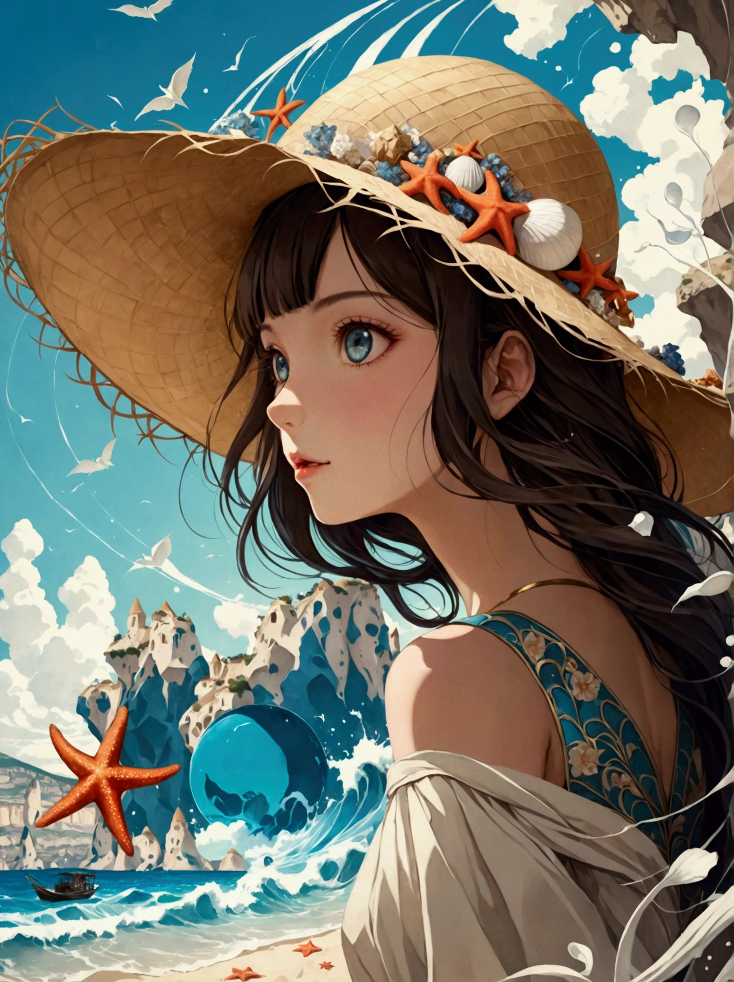 Illustration of a girl wearing a straw hat，Stunned，(The girl is depicted as large:1.4)，Japanese style，Waves splashing on the beach，starfish，White shells，Emerald blue sea background，Cumulonimbus fragments，best quality，Ultra-high resolution，Golden Ratio，Maximum coefficient，Cappadocia