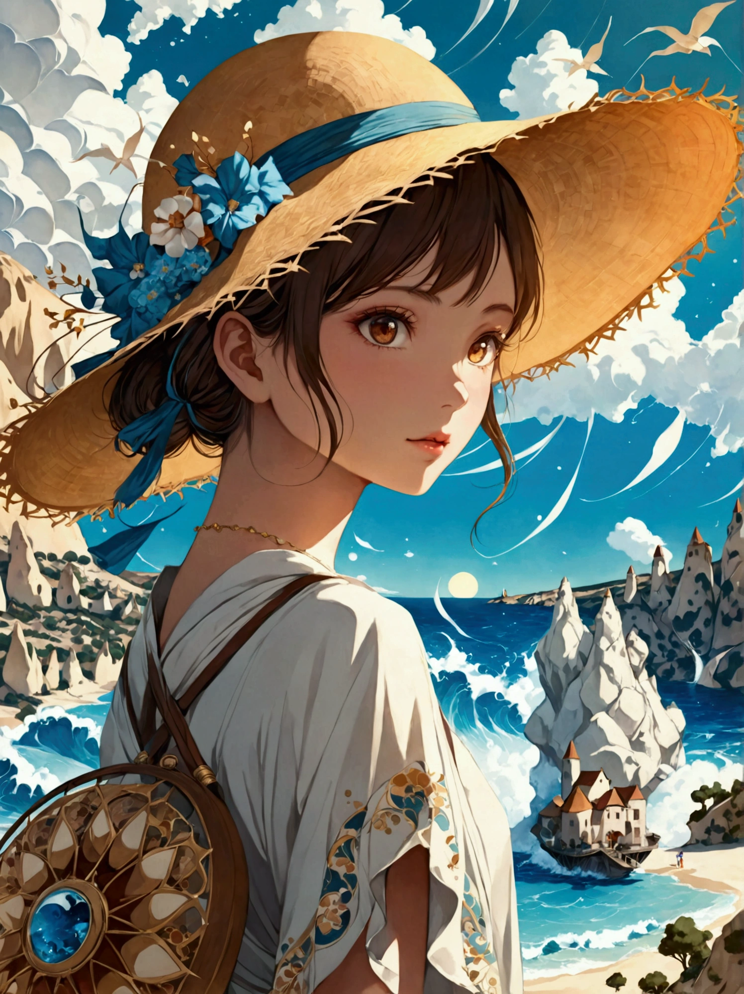 Illustration of a girl wearing a straw hat，Stunned，(The girl is depicted as large:1.4)，Japanese style，Waves splashing on the beach，starfish，White shells，Emerald blue sea background，Cumulonimbus fragments，best quality，Ultra-high resolution，Golden Ratio，Maximum coefficient，Cappadocia