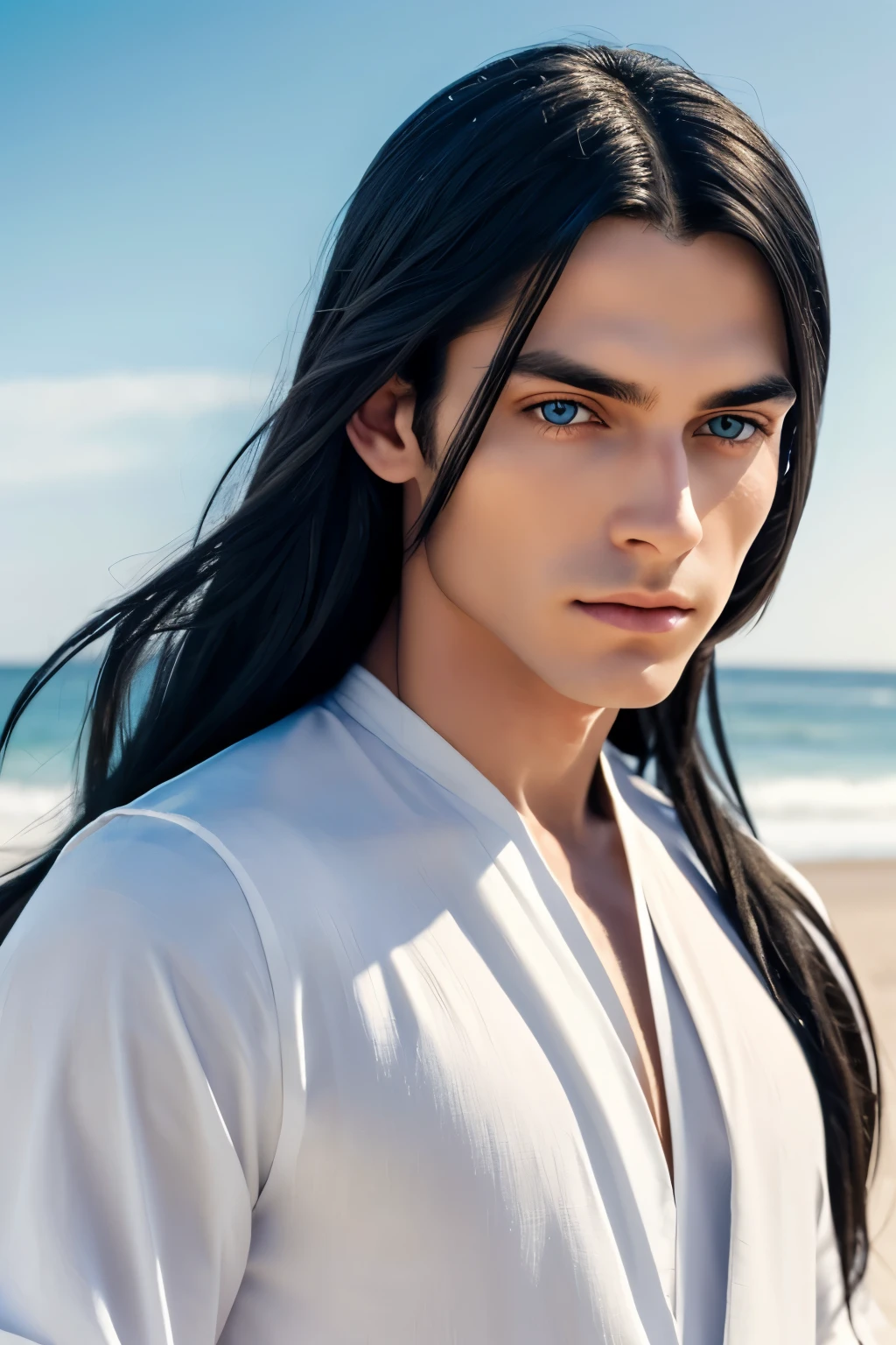 man with long black hair and blue eyes standing on the beach, wearing white tunic, fantasy male portrait, soft portrait shot 8 k, portrait of a man, beautiful androgynous handsome prince, a portrait of a man, attractive androgynous humanoid, delicate androgynous prince, beautiful male, close - up portrait shot, portrait shot