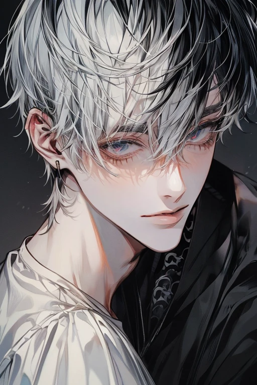(Masterpiece), (best quality), very detailed, ((two friendly men)), perfect face, Beautiful face, very detailed顔,(Black-haired man:1.3),(White-haired guy.:1.3),t-shirt