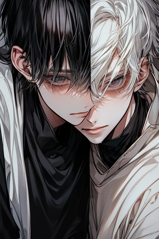 (Masterpiece), (best quality), very detailed, ((two friendly men)), perfect face, Beautiful face, very detailed顔,(Black-haired man:1.3),(White-haired guy.:1.3),t-shirt