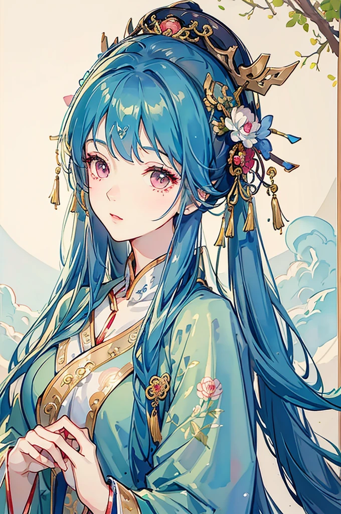 Beautiful oriental girl,Face the viewer,frontage,Half Body,Antique Hair Accessories,Wear a Luoyang Peony、Please draw a watercolor painting。,The costume is embroidered with gold silk peonies.