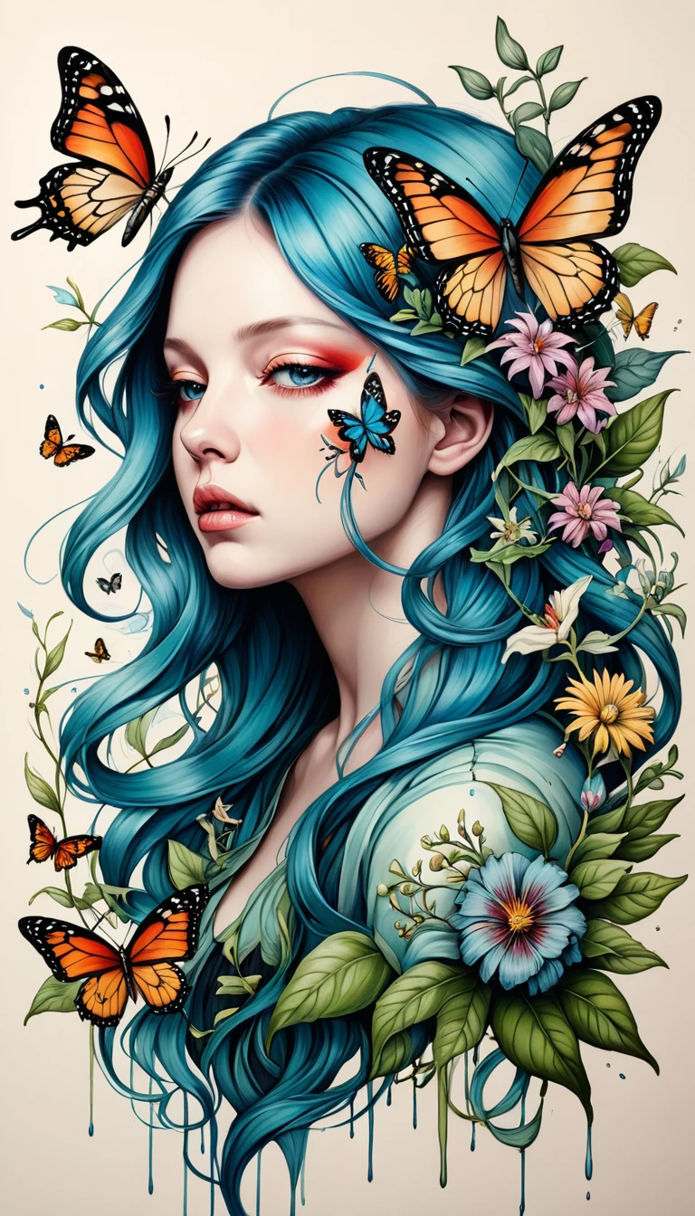 Colored lead painting simple illustration:Inspired by Marco Mazzoni,Bird in agony portrait、Butterfly、Plants and flowers。
