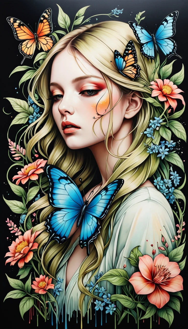 a digital artwork depicting a fantasy scene set in a lush, mystical forest. The central figure is a nude woman with long, flowing blonde hair lying stomach down on a moss-covered tree branch. She has a slender yet curvaceous physique with prominent breasts and a toned, muscular build. Her skin is a light tan color, and she has intricate, colorful tattoos on her arms and thighs, adding an exotic and tribal touch to her appearance.Above her head, a large, blue and yellow butterfly with delicate wings flutters, adding an ethereal element to the scene. Surrounding her are other butterflies in various colors, including white, yellow, and blue, which create a sense of movement and life in the otherwise still image. The woman's expression is serene, with closed eyes and a slight smile.The background is a vibrant blend of greens, blues, and purples, suggesting a dense, enchanted forest. The tree branches twist and curve organically, giving a sense of natural growth and wildness. The texture of the moss and bark is detailed, adding a tactile quality to the image. The overall style of the artwork is highly detailed and realistic, with a strong emphasis on color and light to create a magical, otherworldly atmosphere.