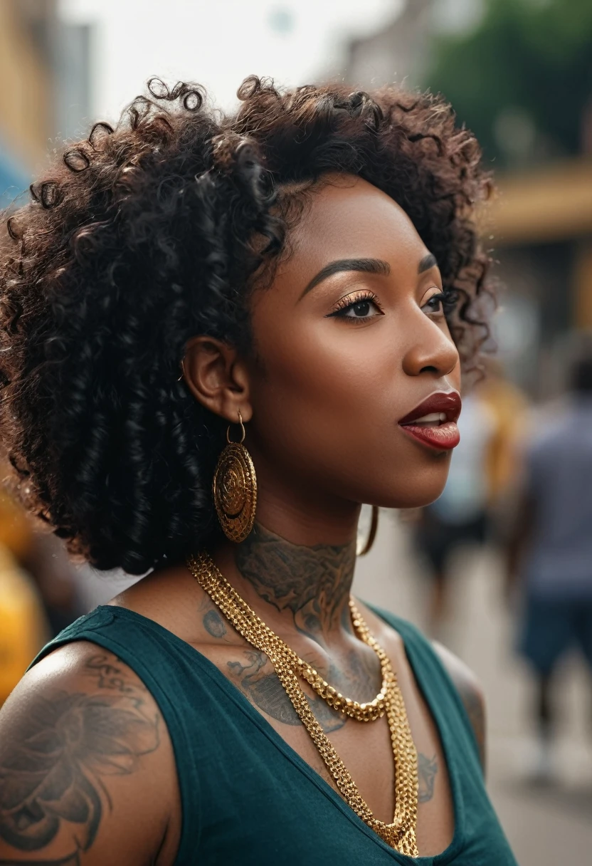 (woman, 20s, from ghana, dancer), large mouth, wide mouth, thick lips, large nose, big nose, curly hair, black skin, tattooed arms, street style, profile photo, upper body shot, ((high-quality, hyper realistic, photorealistic, 8K, best quality, 4k, highres, masterpiece:1.5)), ultra-detailed, (realistic, photorealistic, photo-realistic:1.3), HDR, UHD, ultra-fine painting, sharp focus, physically-based rendering, extreme detail description, professional,