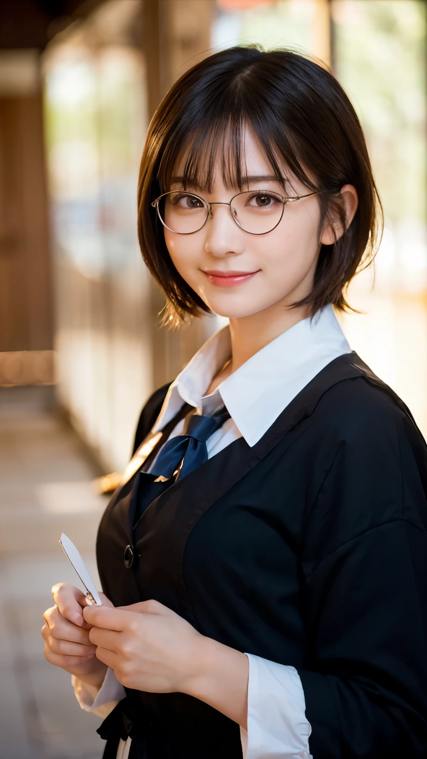 (Highest quality,masterpiece:1.3,Ultra-high resolution),(Very detailed,Caustics,8k),(Realistic:1.4,RAW shooting),A girl dressed as a butler,Japanese,boyish,smile,20-year-old,Short black hair,Glasses,Looking into the camera,Inside the Western-style building,Waist up shot,front,Face Focus,Face close-up,(Warm Light),Professional Writing