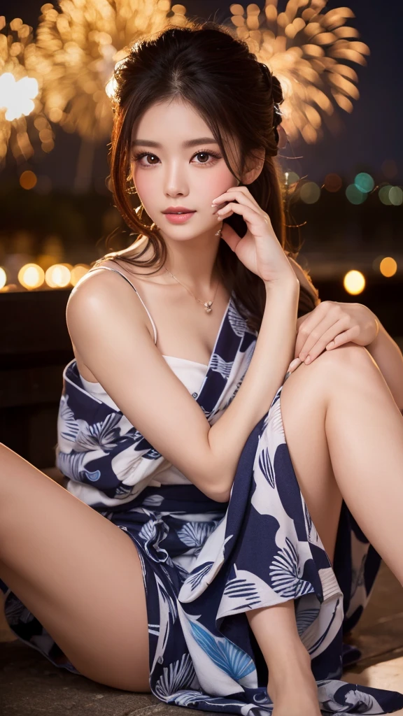 (8k、RAW Photosgraphy、Highest quality、masterpiece:1.2)、(Realistic、Realistic:1.37)、Ultra-high resolution、One Girl、cute、alone、night、Sitting、date、、(Laughter:1.1)、(Closed)、Huge 、Beautiful Eyes、(((Fireworks bursting into the sky、night)))、(((Patterned micro mini kimono、Patterned micro mini yukata)))、Cleavage、Perfect body、Perfect Fingers、Professional Lighting、Japanese Goddess、gravure、Detailed face and skin texture、Detailed eyes、RAW Photos、I can see her white panties、