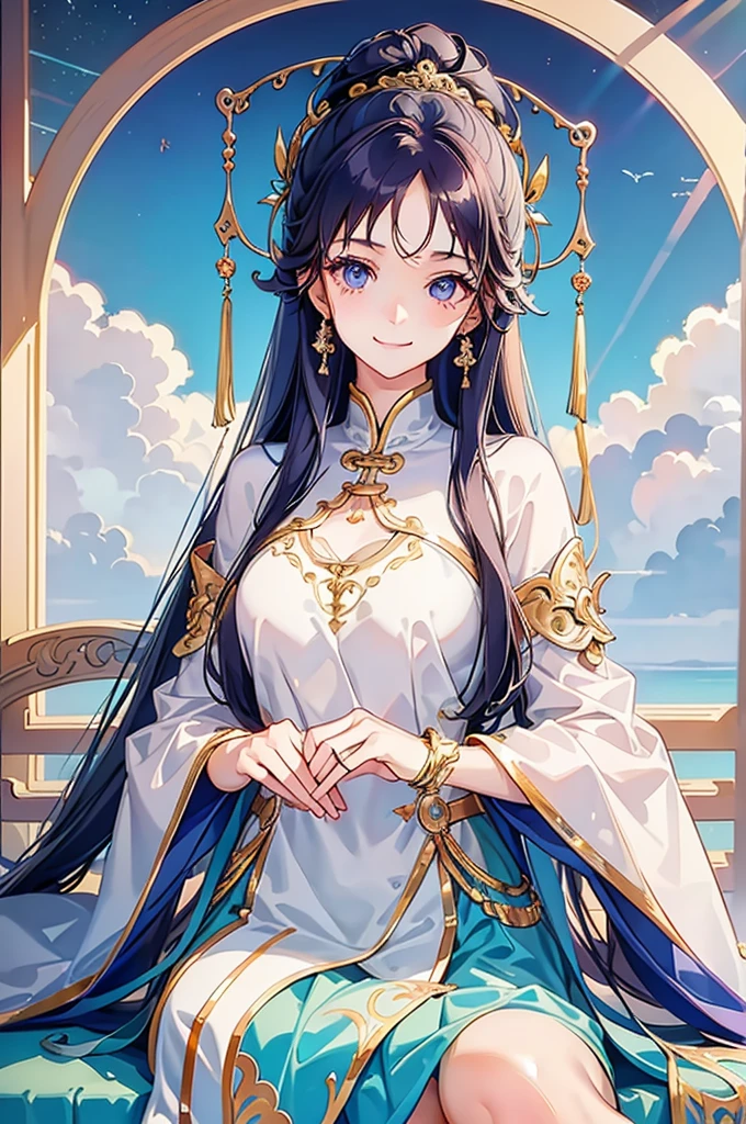 1 girl, , cute girl, clothes covering the whole chest, beautiful shiny hair, colored hair, beautiful shiny eyes, smile, lots of detail, best quality, beautiful sky,Best effect, random girl