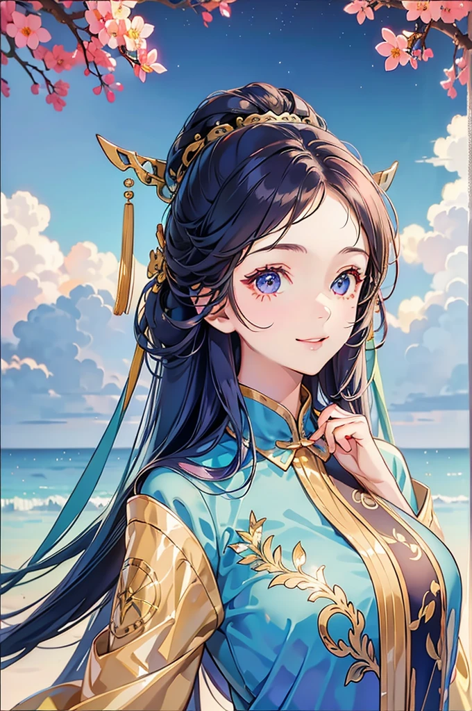 1 girl, , cute girl, clothes covering the whole chest, beautiful shiny hair, colored hair, beautiful shiny eyes, smile, lots of detail, best quality, beautiful sky,Best effect, random girl