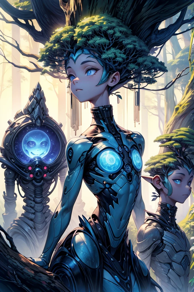 small beings that resemble humanoid trees, have a collective intelligence communicating through mystical roots 