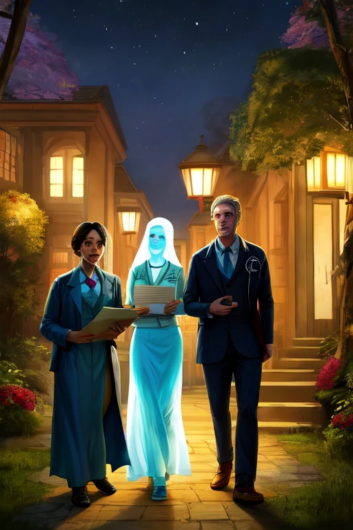 Two doctors, a woman with a letter and a man in a nice place and behind them is a ghost 