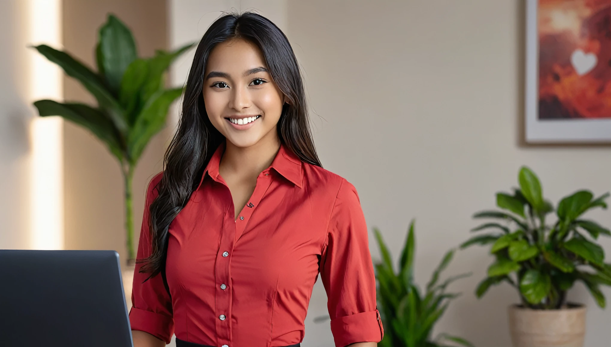 Raiana Eliza Dilla, an 18-year-old (Indonesian:0.5)-(Spanish:1.5) girl, full smile, Long flowing Black Hair, Brown Eyes, Almond shaped Eyes, Heart shaped Face, Roman Nose, Olive Skin, detailed skin, no makeup, natural look, (blemish:0.8), imperfect skin, long legs, (tall figure:1.5), (athletic fit-muscled body:1.5), defined abs, large breasts, cleavage breasts, (1girl:1.9), (18-year-old:1.9), (red business shirt-dress:1.9), cinematic shot in 8k HDR, emphasizing elegance and professionalism, walking confidently in her office, a modern office, red walls, office desk, office chair, laptop, computer, monitor, potted plant, minimalist, clean, simple, sunlight, window, warm lighting, professional, (best quality,4k,8k,highres,masterpiece:1.2),ultra-detailed,(realistic,photorealistic,photo-realistic:1.37),portrait,fantasy,dramatic lighting.