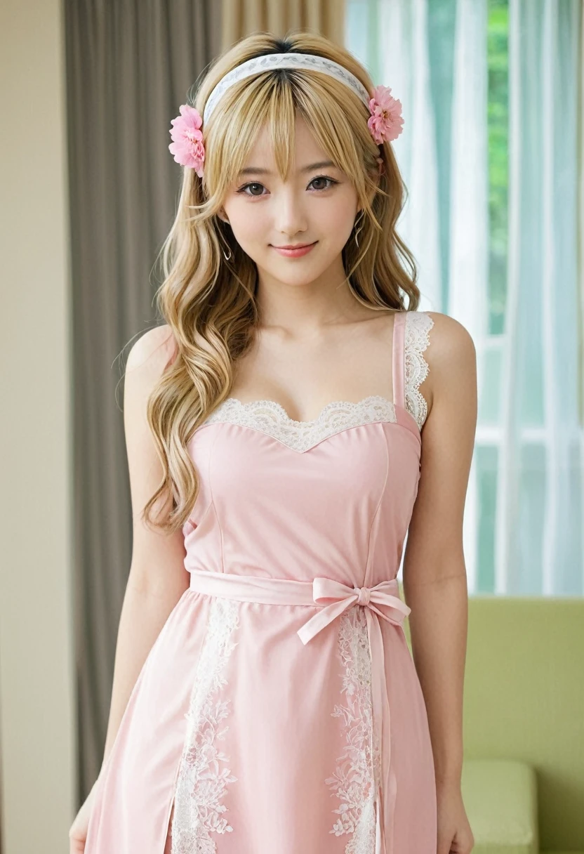 masterpiece,Highest quality, Very detailed,One girl(Sakurai Momoka,Slender and sexy body, Nice big , Wavy Hair, Long Hair, Blonde, head band, Pink flowers in the hair,Green Eyes), Bright Face, A light smile, Lips parted, nose blush, blush, In-person audience , View your viewers, Tilt your head, alone, Red Chinese Dress,Long dress, No sleeve, Black lace knee socks, In the living room, Are standing, Seduce your sexy waist