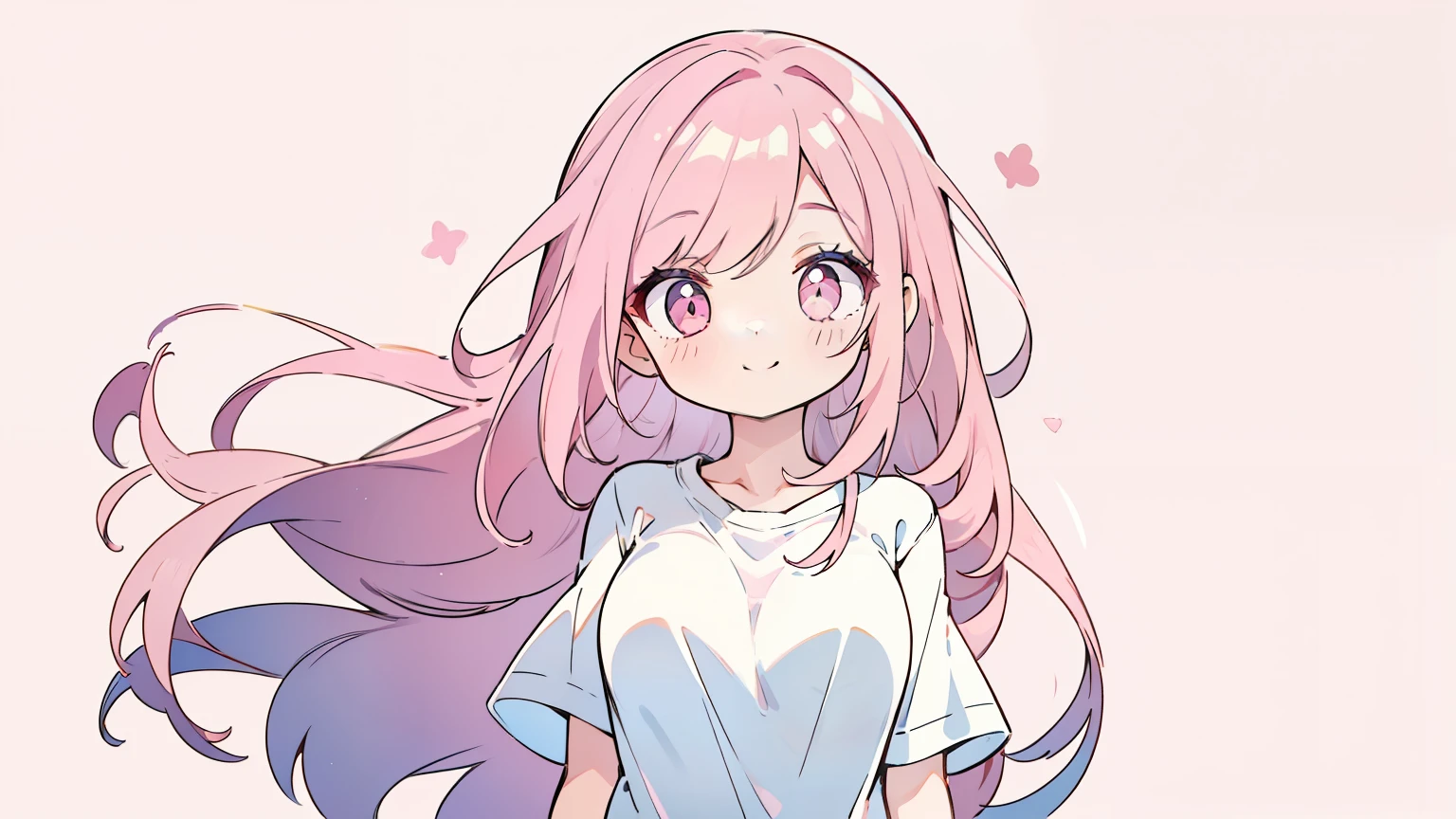 masterpiece, beautiful detailed, (casual clothes), 1girl, pink Eyes, pink hair, long hair, layered hair, smile, flying, medium breasts, pastel color, ((no background:1.4)), (((bold outline))), limited palette