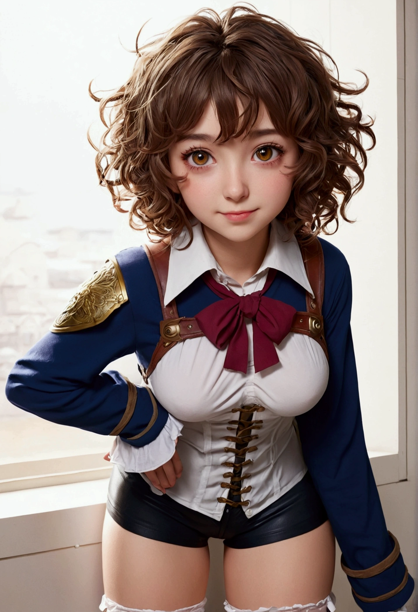masterpiece, 1girl, sparrow, a brown haired girl, wearing a adventurer clothes, curly short hair, messy hair, slim body, he close her left eye, shirt ornament, ruby eyes, ahoge, baby face, small breast, beautiful breasts, rounded breasts, long sleeves, beautiful eyes, white stocking, droopy eyes, her age is 19 years old, azusa_bluearchive, seductive face, medium hair, smile, curly hair, knight armor, tight shorts