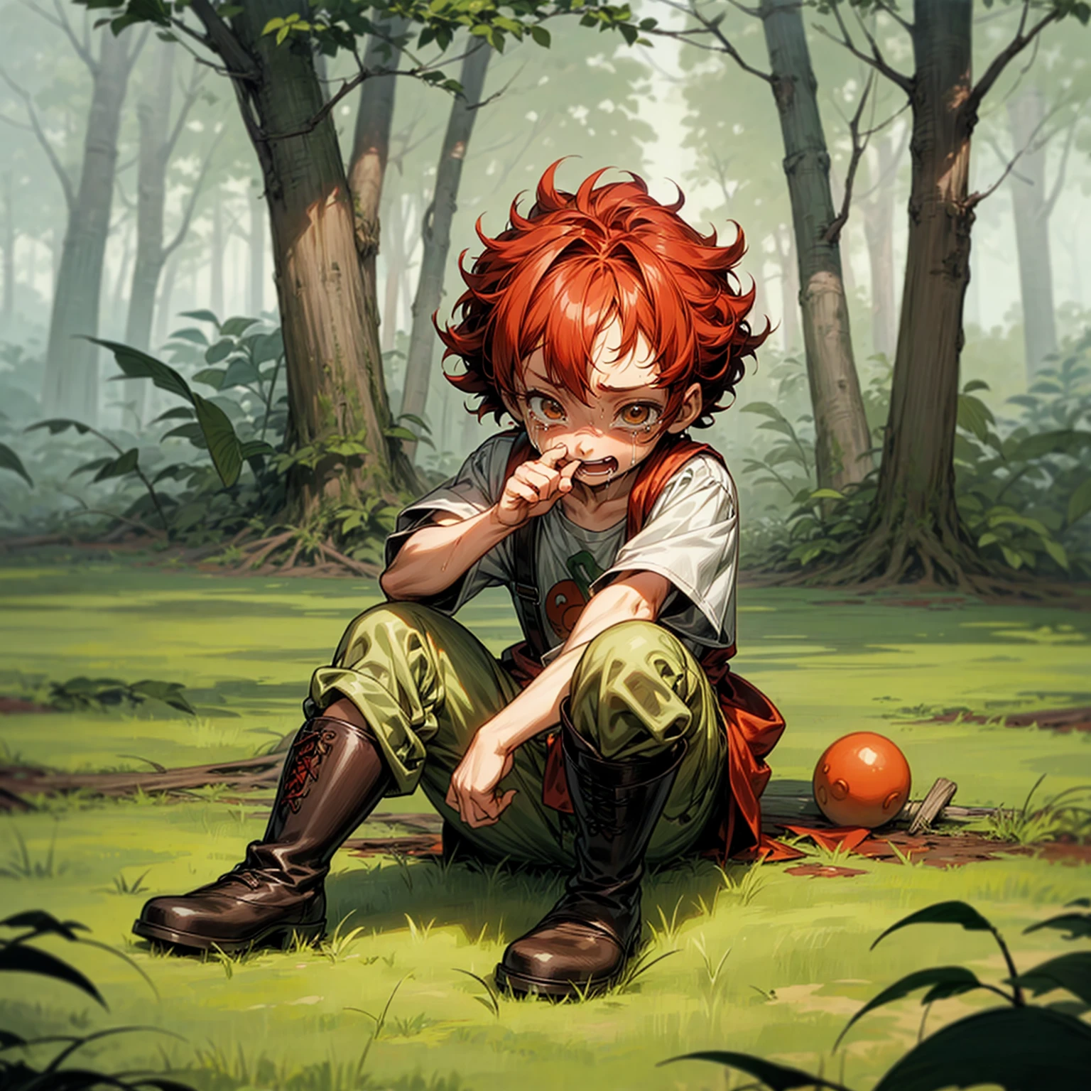 Background in the forest, Grassroots, one piece style art, Full body version, baby kid boy, hazel eyes, red colour hair, short Curly hairstyle, Farmer clothing, boots, crying gesture when bitten by a zombie, blood on background