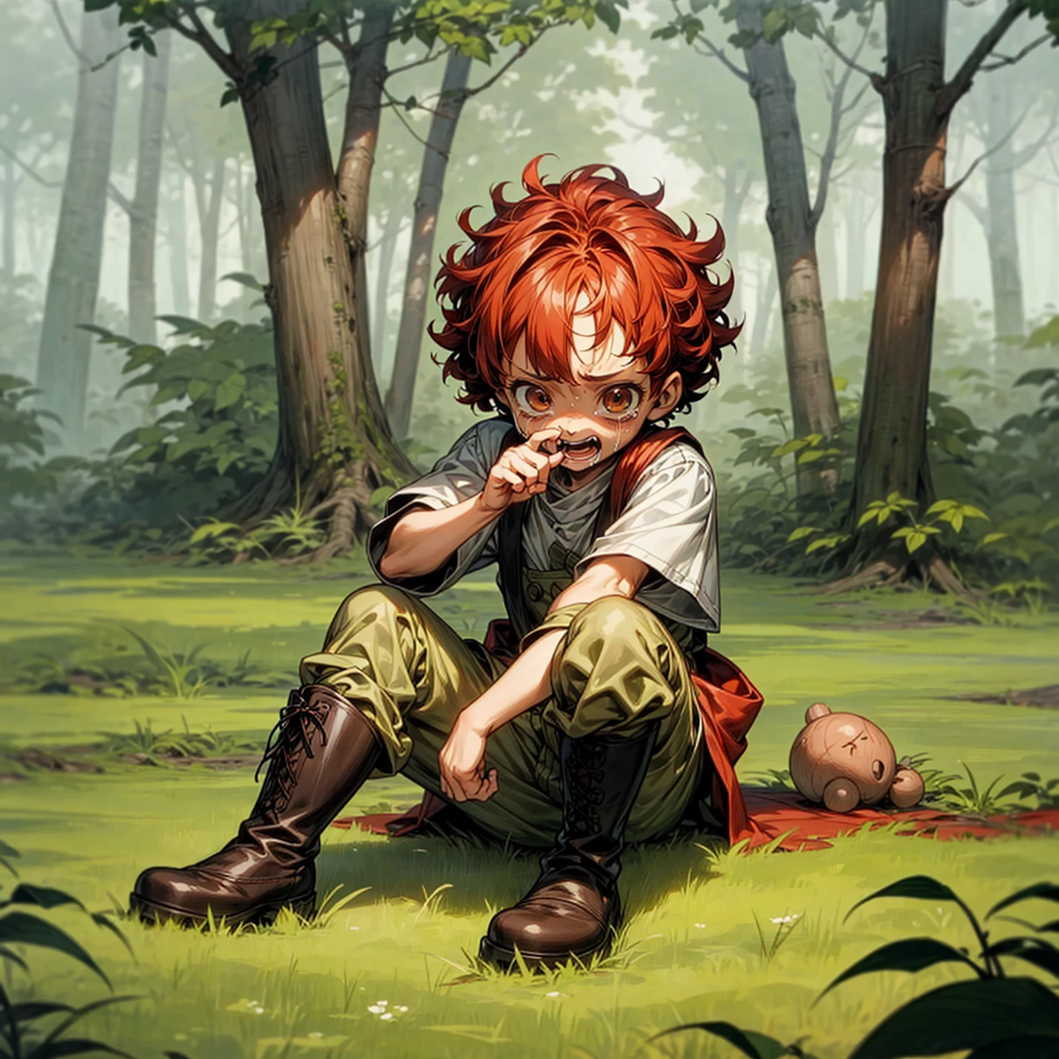 Background in the forest, Grassroots, one piece style art, Full body version, baby ??? boy, hazel eyes, red colour hair, short Curly hairstyle, Farmer clothing, boots, crying gesture when bitten by a zombie, blood on background 