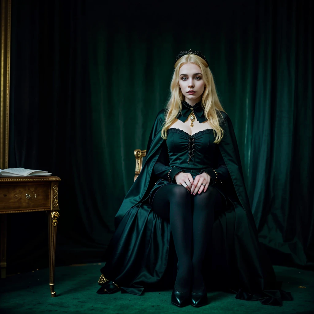 Portrait of young girl with a golden crown, blonde platinum hair, pale skin, green eyes, gothic victorian dress, black makeup, black cape, golden jewels, gothic visual, sitting at a presidential table with maps, documents and papers, in the background a luxurious and majestic office, in the background a brazilian flag,