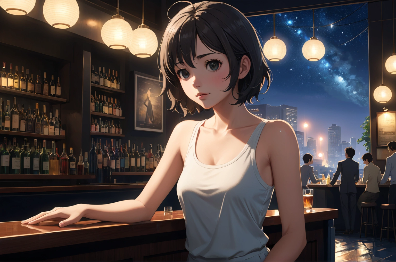 Uses Makoto Shinkai&#39;s depiction perfectly,Portrait of Halie Loren,8k 4k masterpiece photo ,London,A jazz bar with a glass ceiling,The twinkling stars can be seen through the glass windows.,It&#39;s a dark night outside,Jazz is playing,Beautiful in profile,Semi-long hair,Look in a different direction,Standing alone at the counter,Tight-fitting tank top,Bust is small,Same character as before、At the same store as before