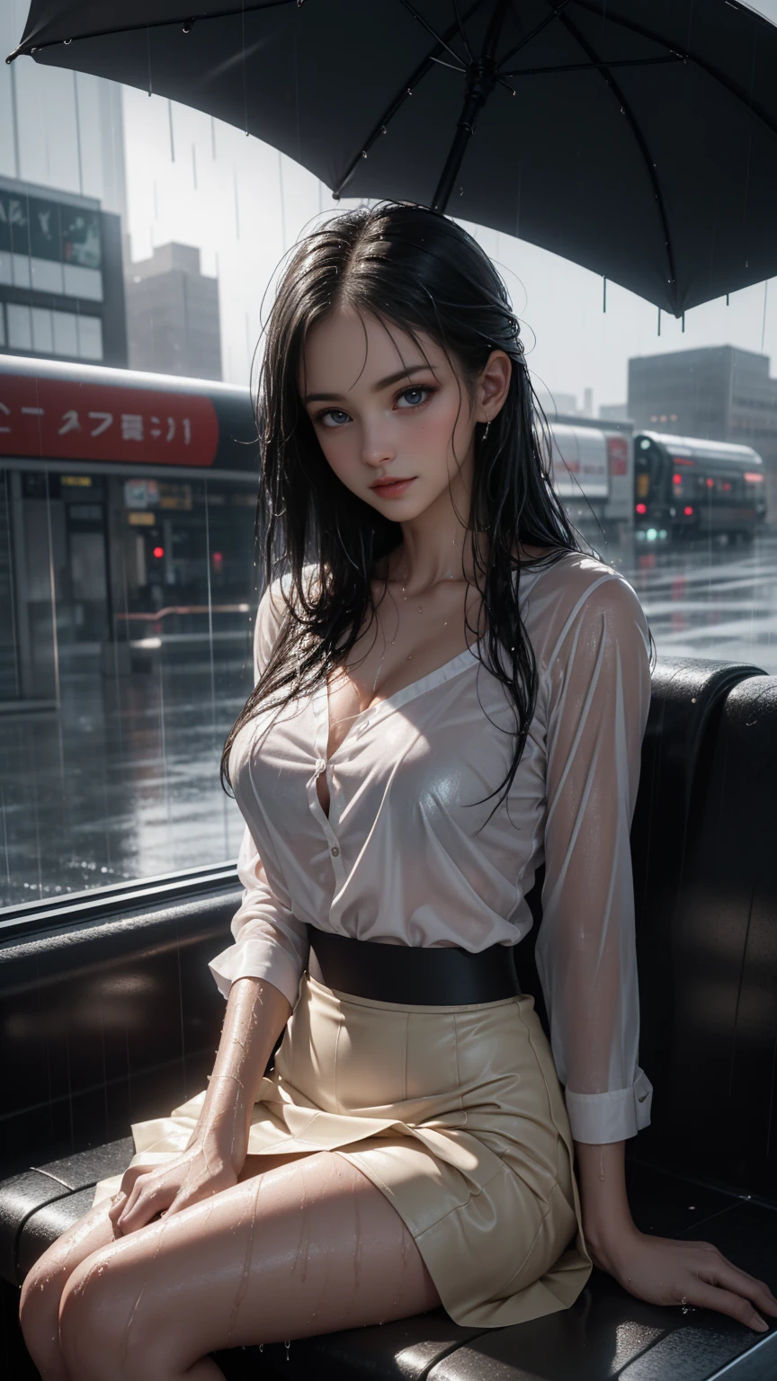 ((A girl running through the streets of New York))、(RAW shooting, Photorealistic:1.5, 8k, Highest quality, masterpiece, Ultra-high resolution), Perfect dynamic composition:1.2, Night Street Corner, Looking up at the sky:1.3, (((Heavy rain from a typhoon))), Highly detailed skin and face textures:1.2,( Wet slim woman in the rain:1.3), Sexy beauty, Perfect Style:1.2, Aesthetic and beautiful, Fair skin, Very beautiful face, (Rain dripping all over my body:1. 2, Wet Hair:1.4, Wet:1.2), Water droplets on the skin, (Medium sized breasts, Chest gap), (Shy laugh, The expression when feeling intense caressing, Facial expression when feeling pleasure), (Beautiful blue eyes, Beautiful erotic eyes:0.8), (Too erotic:0.9, Alluring:0.9),((Wet white blouse))、((No sleeve)),((Wet tight skirt)) Second bag, Perfect body, Perfect fingertips(Girl sitting on train seat)、Best quality work,Actual work,Ultra Premium Graphics,8K HD CG works,High quality graphics,High-definition CG works,10x pixels,Extremely fine detail:1.1,Advanced Technical Details:1.1 Photorealistic,Indoor lighting effects:1.5,Natural light:1.5. Light effects(virtual Light effects:1.8),(Golden white short hai(RAW shooting, Photorealistic:1.5, 8k, Lift-up skirt,