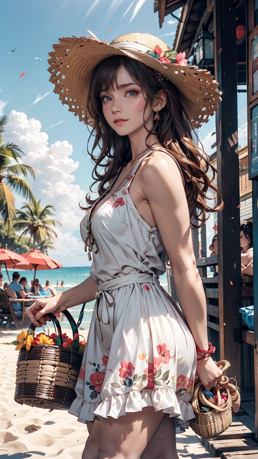 24-year-old woman、Indigo Hair、semi-long、Straw hat、Summer dress decorated with lace（Pale blue to white gradation))、Lace-up sandals、Tropical Cove、Emerald Green Sea、beautiful sea、White sand beach、It is surrounded by cliffs on three sides.、Nobody is here、Have the beach all to yourself、A basket bag woven from plants、The waves are calm