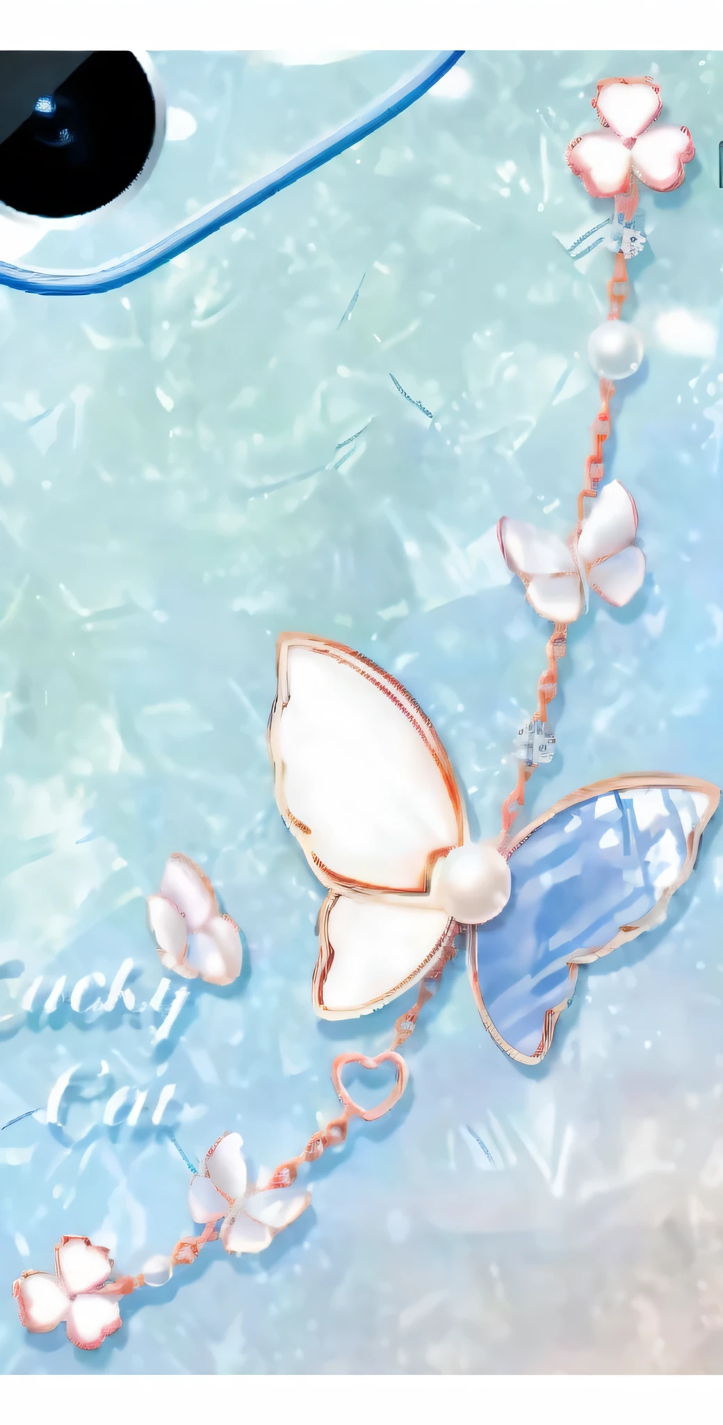 there is a Butterfly necklace with a chain attached to it, Butterfly jewelry, Tiffany style, pearly Sky, Tiffany, Dōjin works, Butterfly, Dreamy, harmony of Butterfly, sapphire Butterfly jewellery, Width, 8K!!, desktop background, Nine thousand, 海Butterfly, 9k, Eight thousand, 8K, Nacre, Sky, mother of pearl color