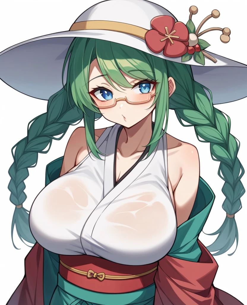 One Woman、Braided twin tails、Huge breasts、（Huge breasts：1.8)、Glasses、blue eyes、Green Hair、Swimwear、thin, Tiny Micro Bikini、White Tiny Micro Bikini、（thin, Tiny Micro Bikini）、（White Tiny Micro Bikini）、（（Saigon Thai Bikini Top））、（（T-back bikini underwear））、Erect nipples、The nipples are erect、background、（Ocean）、Sandy Beach、Sandy Beachにいる、Embarrassing、Accentuate your breasts、Pubic hair sticking out、Pubic hair grows abundantly、Show your ass to the audience、Turning Your Back on the Viewer