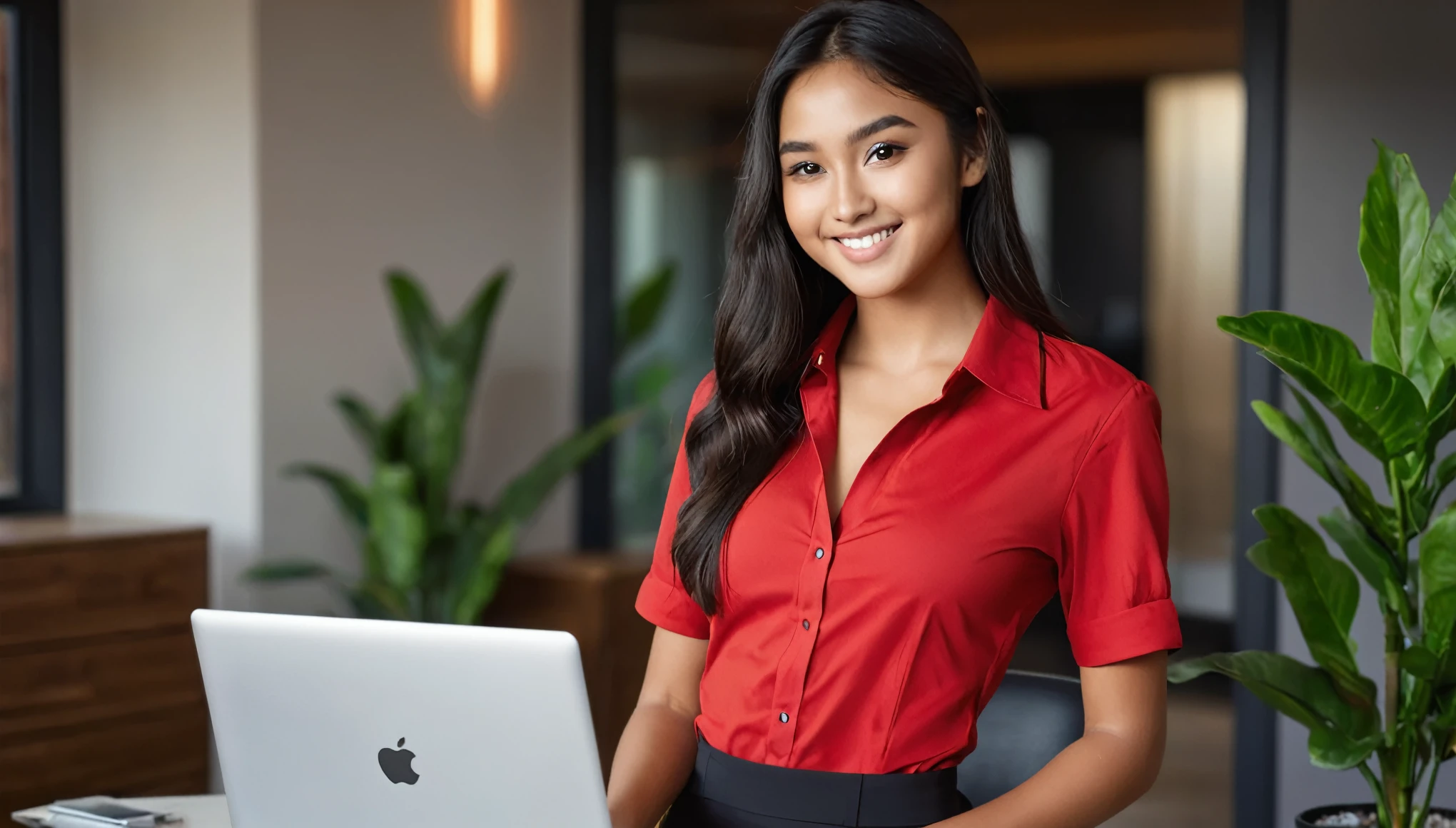 Raiana Eliza Dilla, an 18-year-old (Indonesian:0.5)-(Spanish:1.5) girl, full smile, Long flowing Black Hair, Brown Eyes, Almond shaped Eyes, Heart shaped Face, Roman Nose, Olive Skin, detailed skin, no makeup, natural look, (blemish:0.8), imperfect skin, long legs, (tall figure:1.5), (athletic fit-muscled body:1.5), defined abs, large breasts, cleavage breasts, (1girl:1.9), (18-year-old:1.9), (red business-dress:1.9), cinematic shot in 8k HDR, emphasizing elegance and professionalism, walking confidently in her office, a modern office, red walls, office desk, office chair, laptop, computer, monitor, potted plant, minimalist, clean, simple, sunlight, window, warm lighting, professional, (best quality,4k,8k,highres,masterpiece:1.2),ultra-detailed,(realistic,photorealistic,photo-realistic:1.37),portrait,fantasy,dramatic lighting.